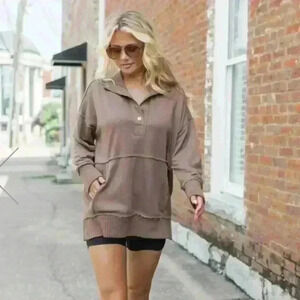 Pink Lily Just Go With It Brown Oversized Henley Pullover Quarter Button 2XL